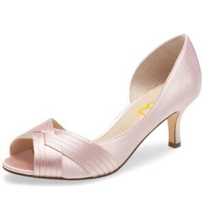 FSJ Women Low Kitten Heels Peep Toe Slip on Pumps D'Orsay Pleated Satin Sandals